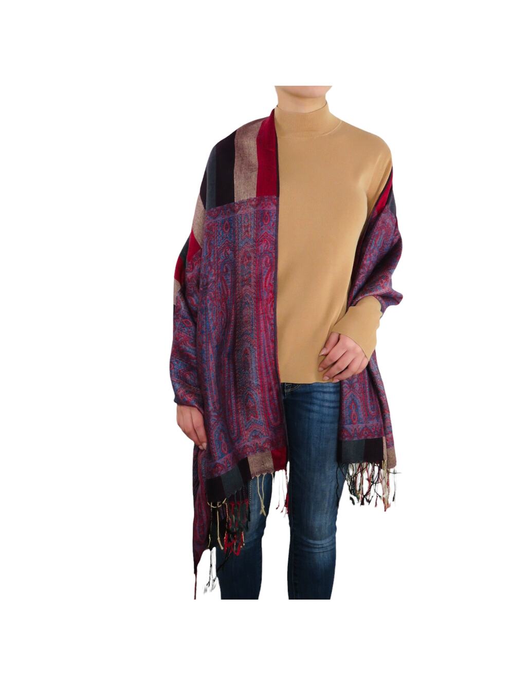 90s Vintage Purple & Pink Paisley Pashmina Scarf with Tassels Retro Bohemian